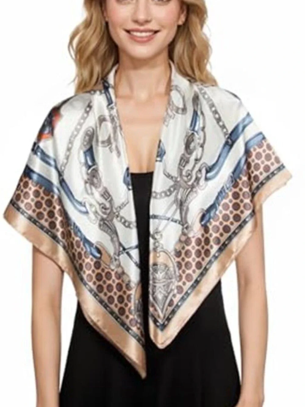 Head Scarf for Women Like Silk Scarf Hair Scarf Beige Blue Printed Square Scarf